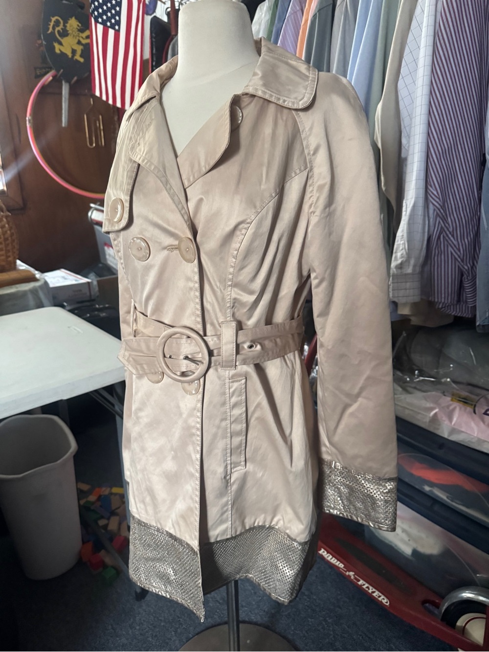 Arden B Beige Trench Coat with Metallic Trim - Picture 10 of 11